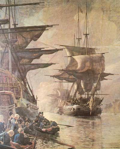 October 21 was a day of sorrow when the main part of the Danish navy left Copenhagen under the English flag. (Painting by Christian Mølsted. Picture from Royal Danish Naval Museum)