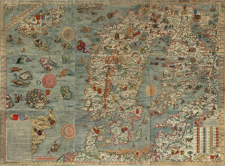 The Carta marina (Latin "map of the sea" or "sea map"), drawn by Olaus Magnus in 1527-39, is the earliest map of the Nordic countries that gives details and place names.