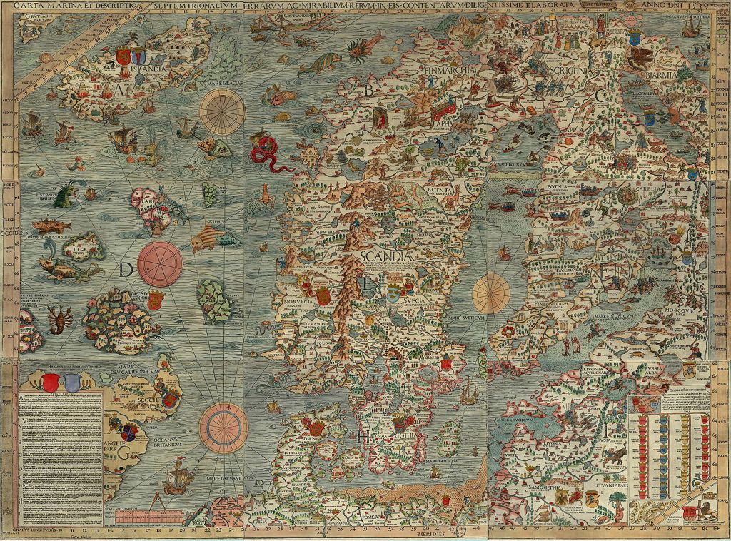 The Carta marina (Latin "map of the sea" or "sea map"), drawn by Olaus Magnus in 1527-39, is the earliest map of the Nordic countries that gives details and place names.