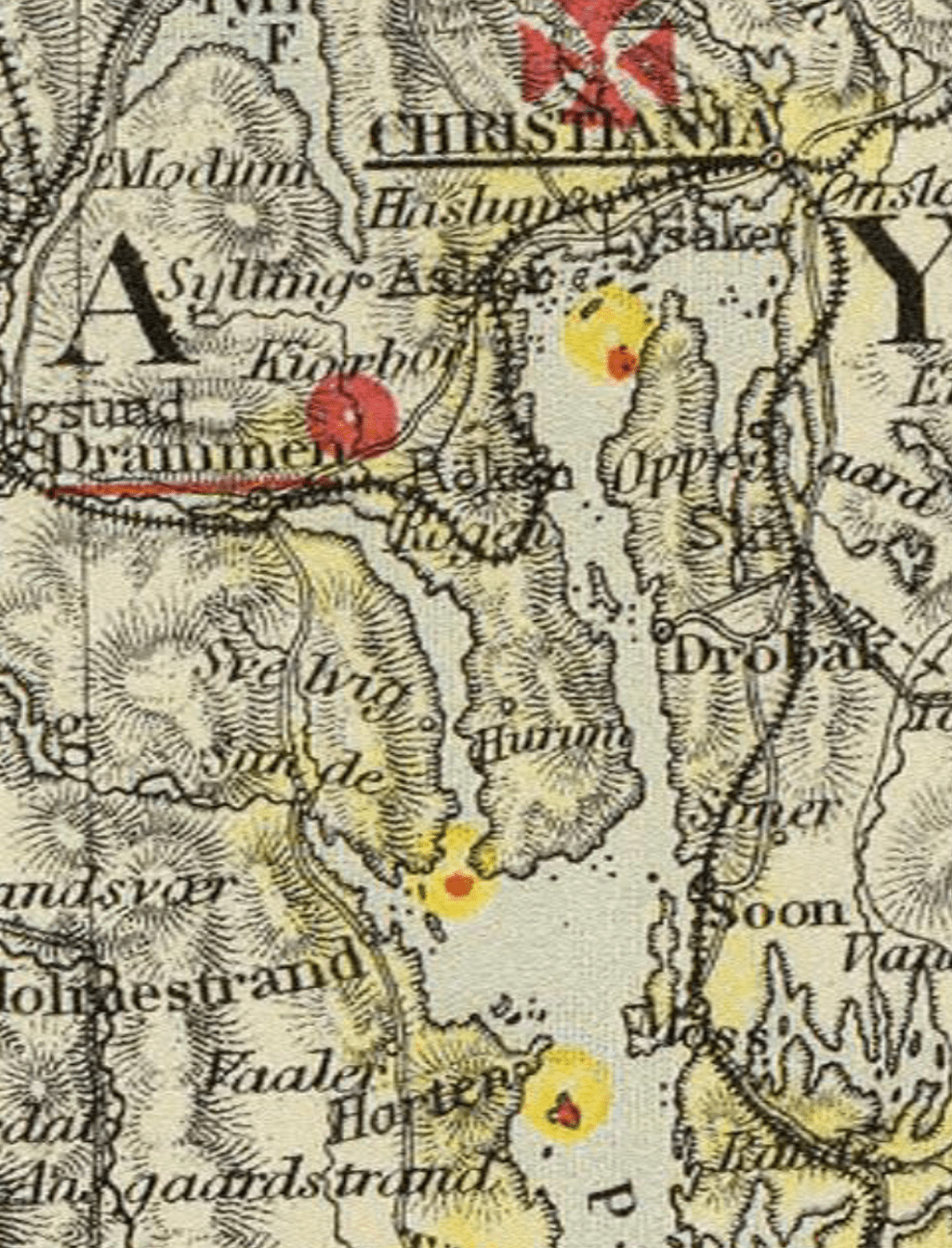 Drammen - detail from map - Denmark, S.Norway, Scale: 1 : 1774080, Letts, Son & Co 1883 (David Ramsey Map Collection)