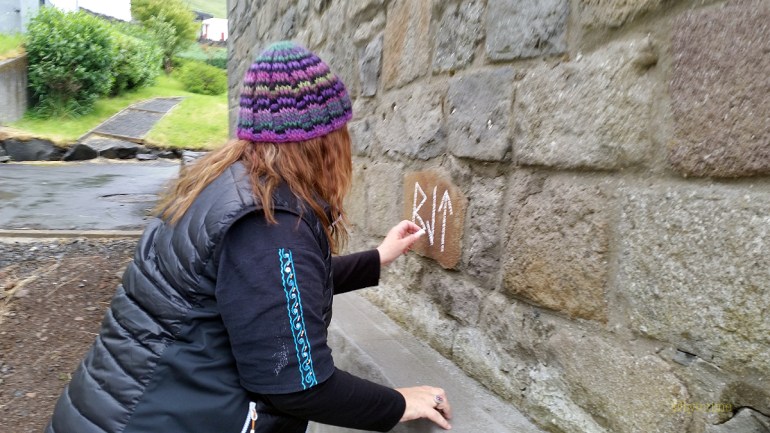 Documentation of ‘Trace drawing’ Berkana, Laguz (inverted), Teiwaz in Fuglafjørður, photograph by Martin Drury