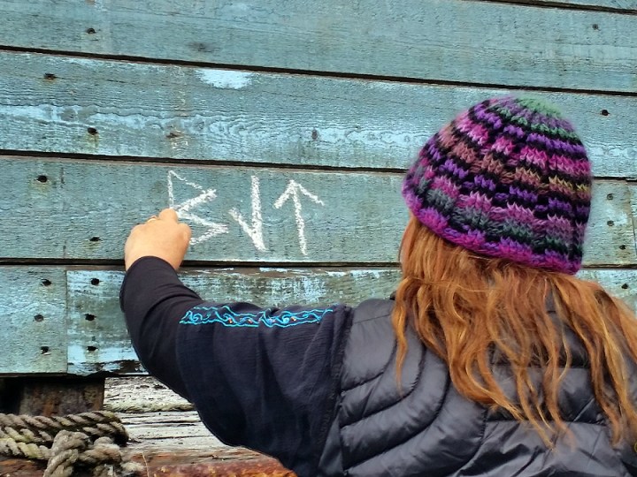Documentation of ‘Trace drawing’ Berkana, Laguz (inverted), Teiwaz in Fuglafjørður, photograph by Martin Drury