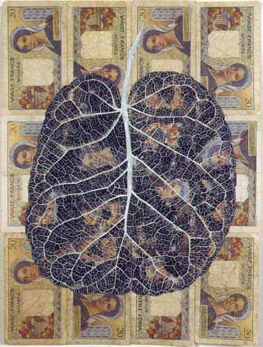 Leaf Litter, 2000 - 2002 Polycias balfouriana - aralia gouache on bank notes dimensions variable (Detail)